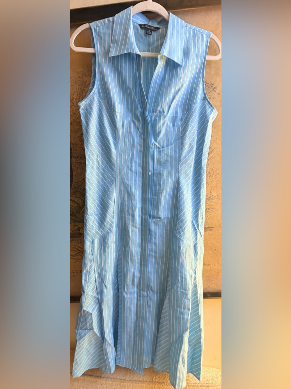 * Brooks Brothers Sleeveless Light Blue Midi Linen Pinstripe Shirt Dress SZ 10 *